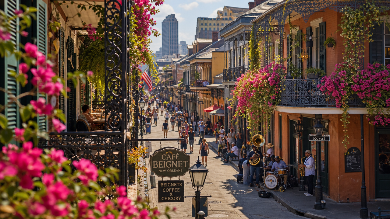 Sunny street scene in New Orleans' French Quarter, with iron lace balconies draped in pink bougainvillea, a brass band performing on the sidewalk, and a Café Beignet sign in the foreground.