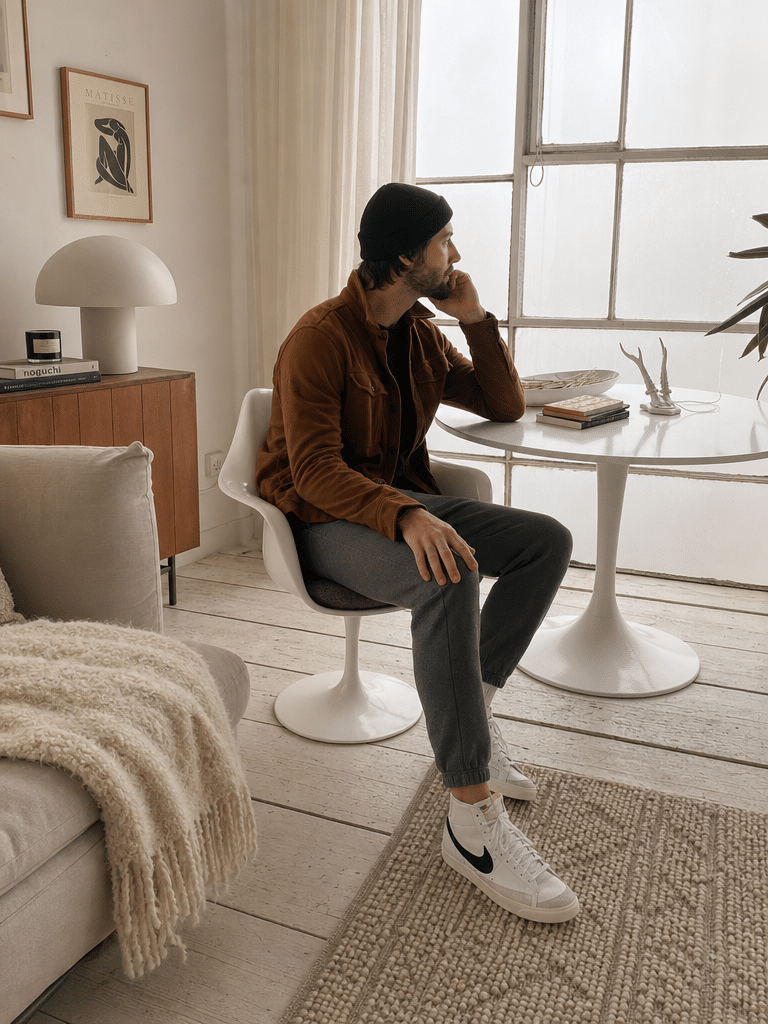 A resident relaxes with his morning coffee in a sunlit apartment nook, seated at a small round table, wearing a cozy camel shacket and grey joggers.
