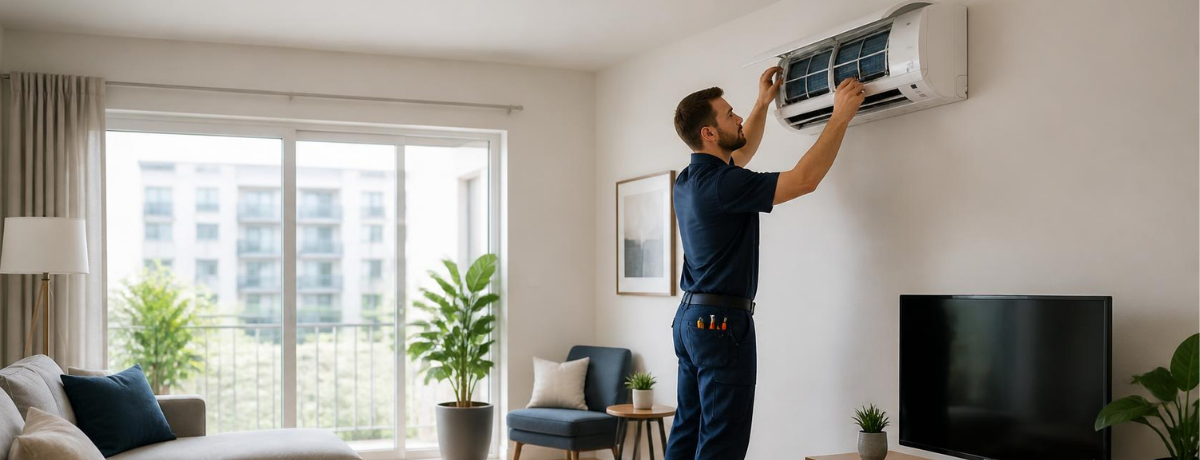 Maintenance technician servicing a wall-mounted air conditioning unit in a multifamily apartment living room.